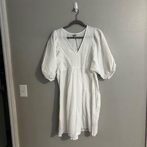 White Mini Sundress with Puff Sleeves and V-Neck
